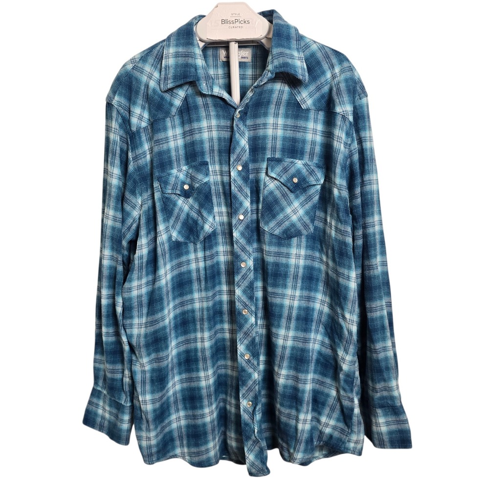 Wrangler Wrancher Pearl Snap Western Shirt 2XLT Blue Plaid Flannel Cowboy